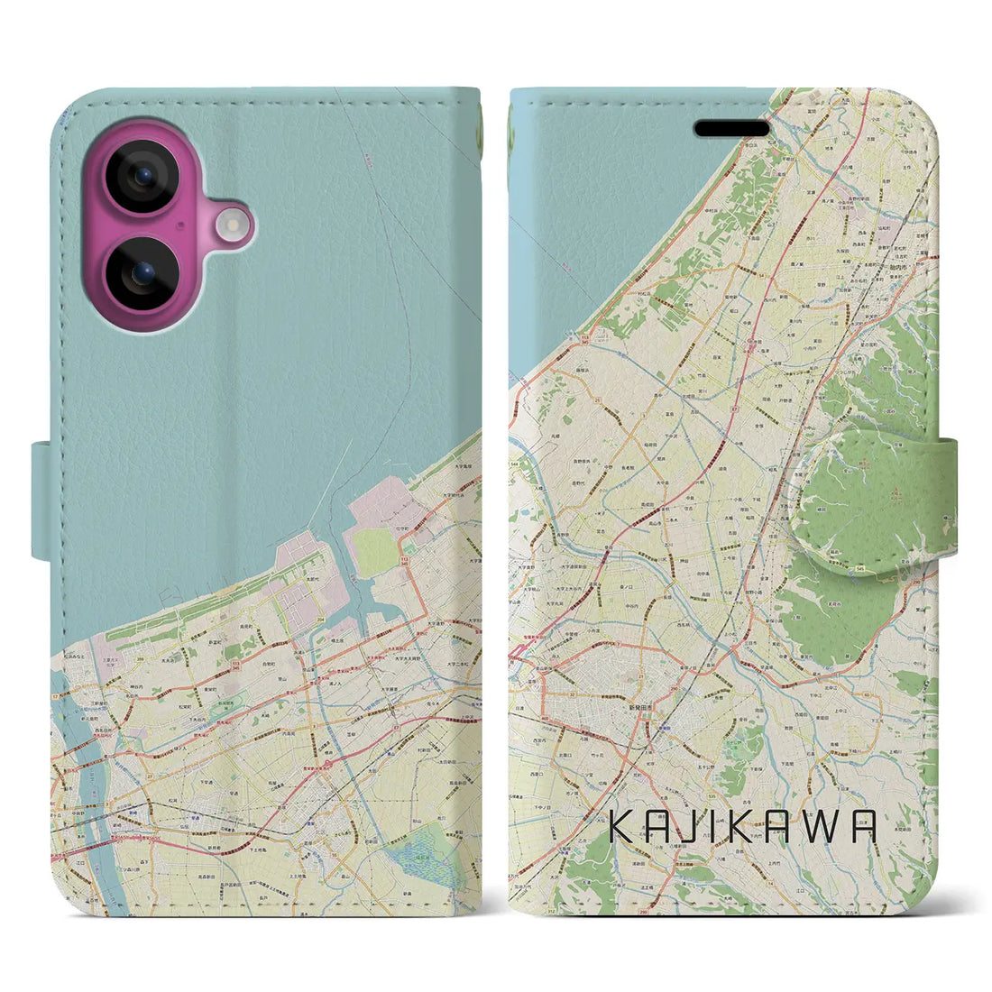 【加治川（新潟県）】地図柄iPhoneケース（手帳タイプ）ナチュラル・iPhone 16 Pro 用