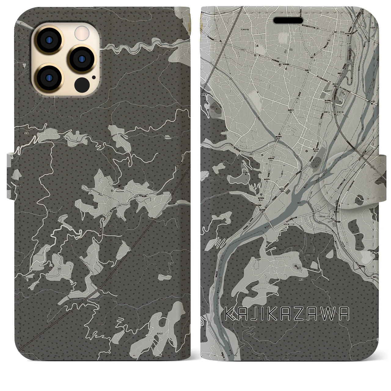 【鰍沢】地図柄iPhoneケース（手帳両面タイプ・モノトーン）iPhone 12 Pro Max 用