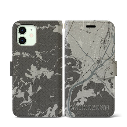 【鰍沢（山梨県）】地図柄iPhoneケース（手帳タイプ）モノトーン・iPhone 12 mini 用