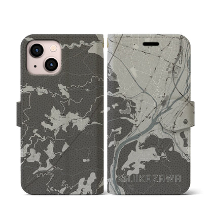 【鰍沢（山梨県）】地図柄iPhoneケース（手帳タイプ）モノトーン・iPhone 13 mini 用