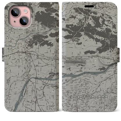 【各務原（岐阜県）】地図柄iPhoneケース（手帳タイプ）モノトーン・iPhone 15 Plus 用