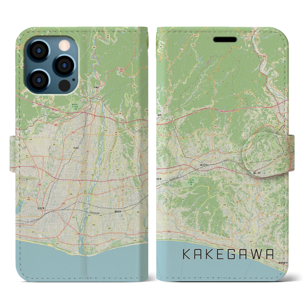 【掛川3（静岡県）】地図柄iPhoneケース（手帳タイプ）ナチュラル・iPhone 12 / 12 Pro 用