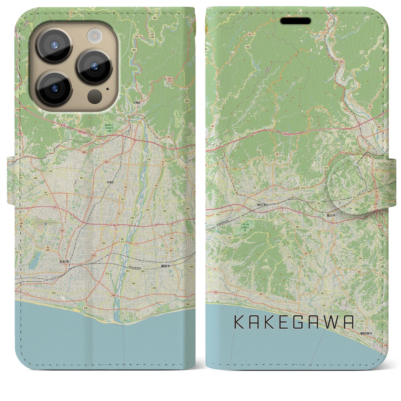 【掛川3（静岡県）】地図柄iPhoneケース（手帳タイプ）ナチュラル・iPhone 14 Pro Max 用