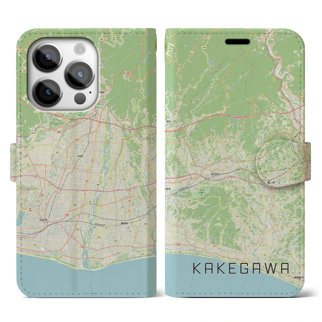 【掛川3（静岡県）】地図柄iPhoneケース（手帳タイプ）ナチュラル・iPhone 14 Pro 用