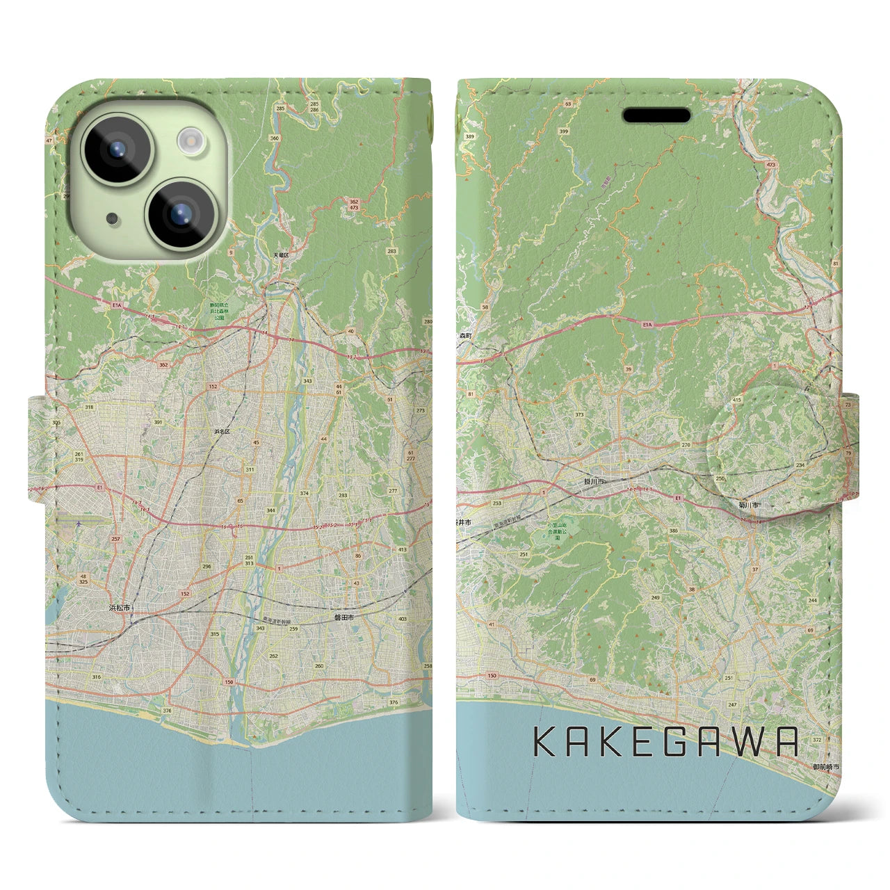 【掛川3（静岡県）】地図柄iPhoneケース（手帳タイプ）ナチュラル・iPhone 15 用