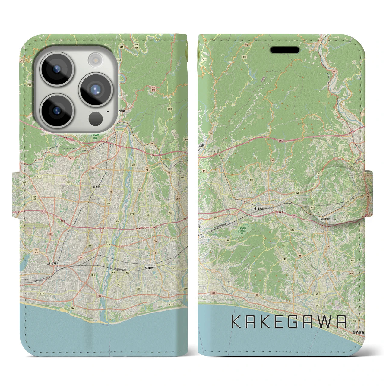 【掛川3（静岡県）】地図柄iPhoneケース（手帳タイプ）ナチュラル・iPhone 15 Pro 用