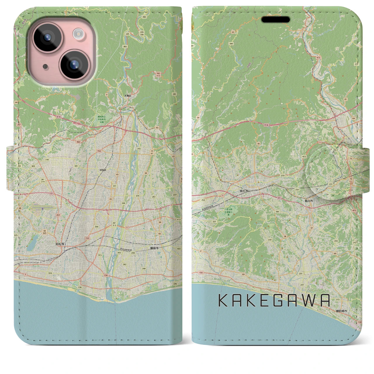 【掛川3（静岡県）】地図柄iPhoneケース（手帳タイプ）ナチュラル・iPhone 15 Plus 用