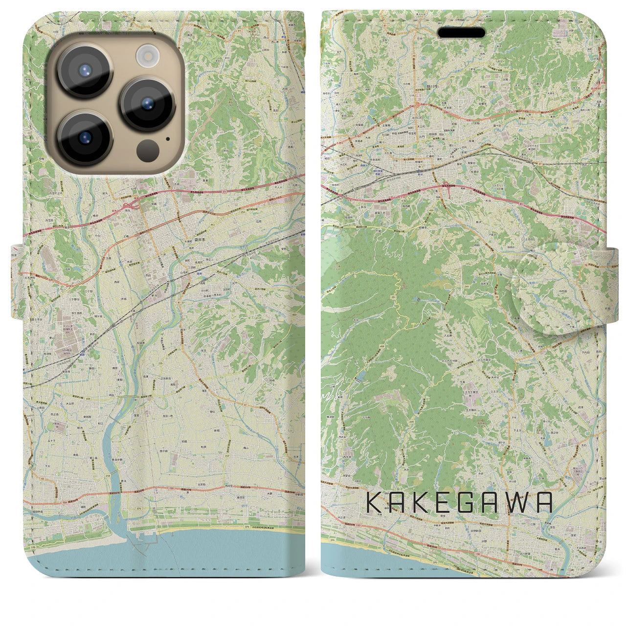 【掛川（静岡県）】地図柄iPhoneケース（手帳タイプ）ナチュラル・iPhone 14 Pro Max 用