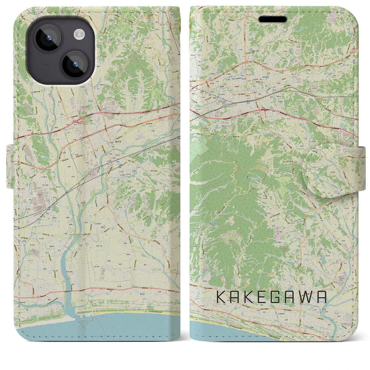 【掛川（静岡県）】地図柄iPhoneケース（手帳タイプ）ナチュラル・iPhone 14 Plus 用