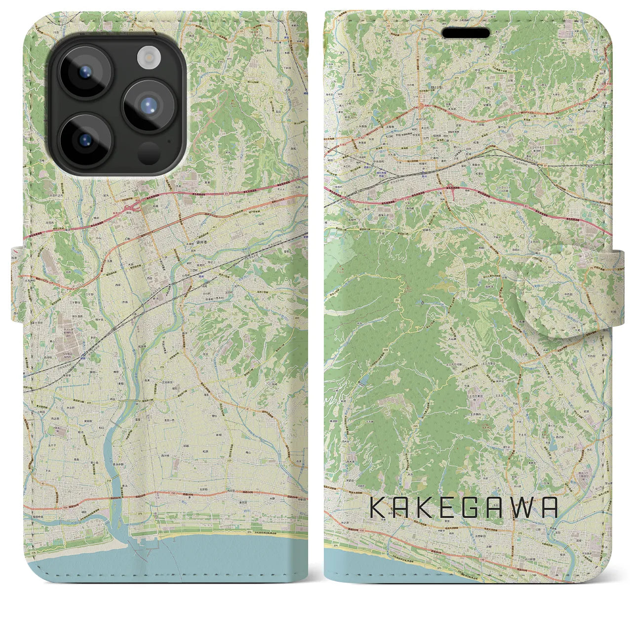 【掛川（静岡県）】地図柄iPhoneケース（手帳タイプ）ナチュラル・iPhone 15 Pro Max 用