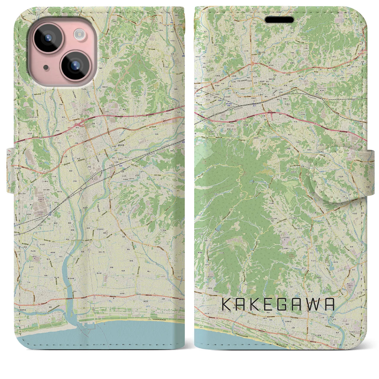 【掛川（静岡県）】地図柄iPhoneケース（手帳タイプ）ナチュラル・iPhone 15 Plus 用