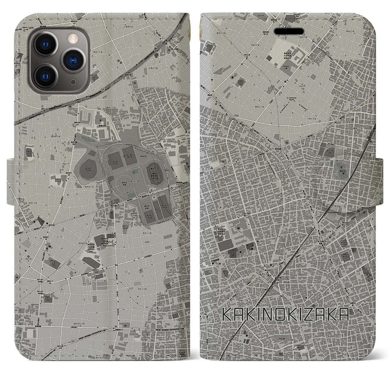【柿の木坂】地図柄iPhoneケース（手帳両面タイプ・モノトーン）iPhone 11 Pro Max 用