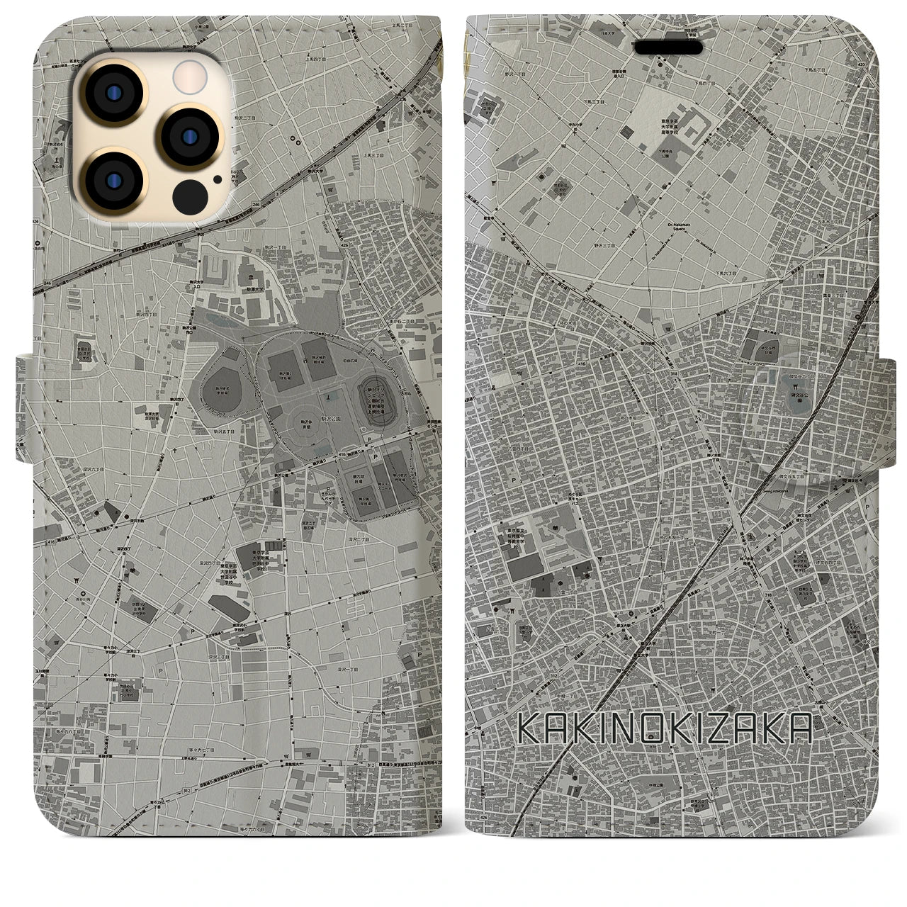 【柿の木坂】地図柄iPhoneケース（手帳両面タイプ・モノトーン）iPhone 12 Pro Max 用