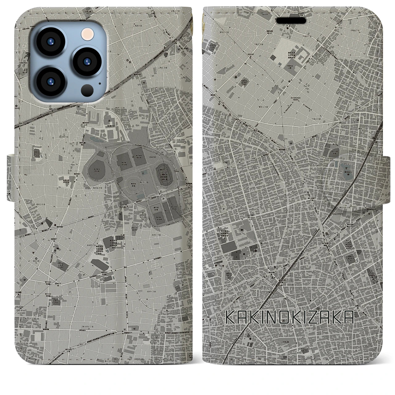 【柿の木坂】地図柄iPhoneケース（手帳両面タイプ・モノトーン）iPhone 13 Pro Max 用