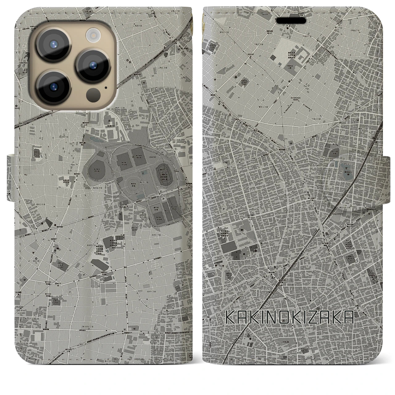 【柿の木坂】地図柄iPhoneケース（手帳両面タイプ・モノトーン）iPhone 14 Pro Max 用