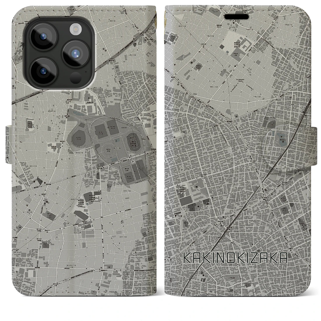 【柿の木坂】地図柄iPhoneケース（手帳両面タイプ・モノトーン）iPhone 15 Pro Max 用