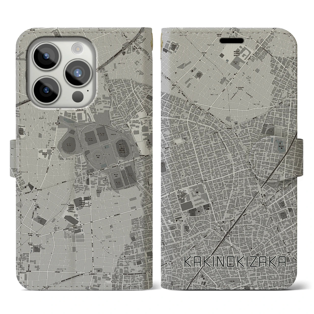 【柿の木坂】地図柄iPhoneケース（手帳両面タイプ・モノトーン）iPhone 15 Pro 用