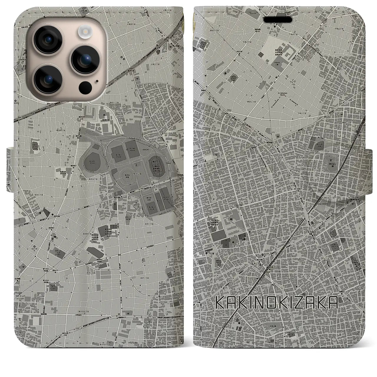 【柿の木坂（東京都）】地図柄iPhoneケース（手帳タイプ）モノトーン・iPhone 16 Plus 用