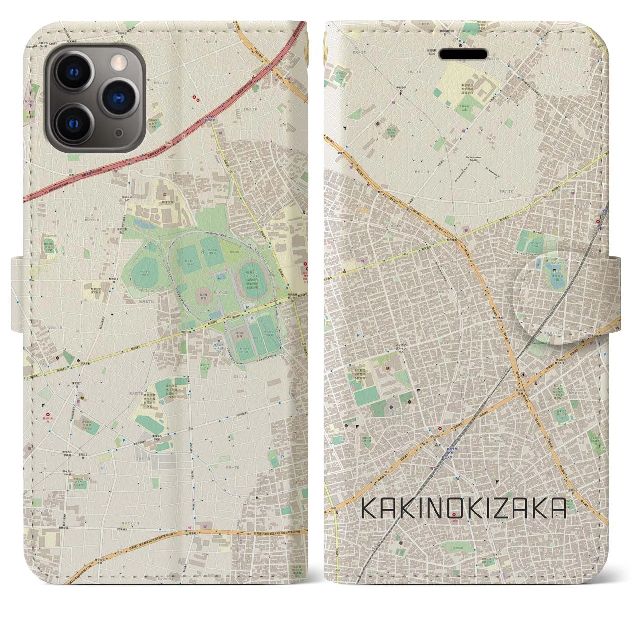 【柿の木坂（東京都）】地図柄iPhoneケース（手帳タイプ）ナチュラル・iPhone 11 Pro Max 用