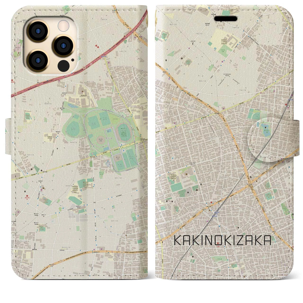 【柿の木坂（東京都）】地図柄iPhoneケース（手帳タイプ）ナチュラル・iPhone 12 Pro Max 用