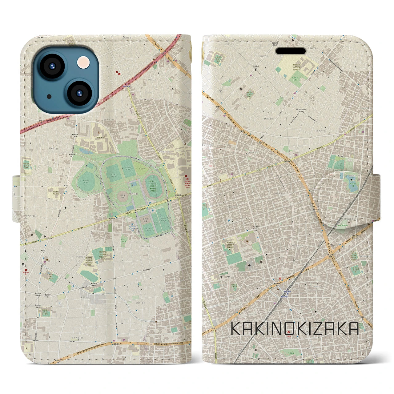 【柿の木坂（東京都）】地図柄iPhoneケース（手帳タイプ）ナチュラル・iPhone 13 用