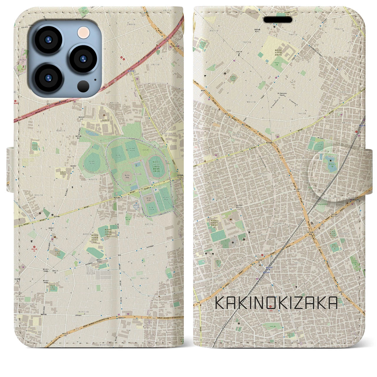 【柿の木坂（東京都）】地図柄iPhoneケース（手帳タイプ）ナチュラル・iPhone 13 Pro Max 用