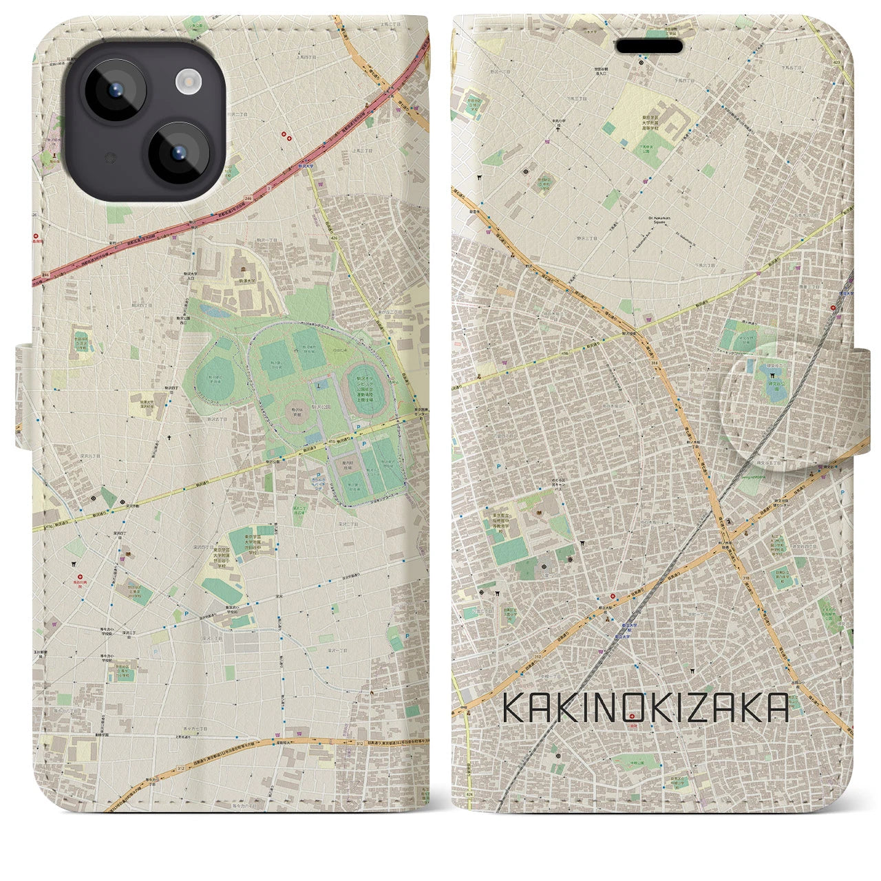 【柿の木坂（東京都）】地図柄iPhoneケース（手帳タイプ）ナチュラル・iPhone 14 Plus 用