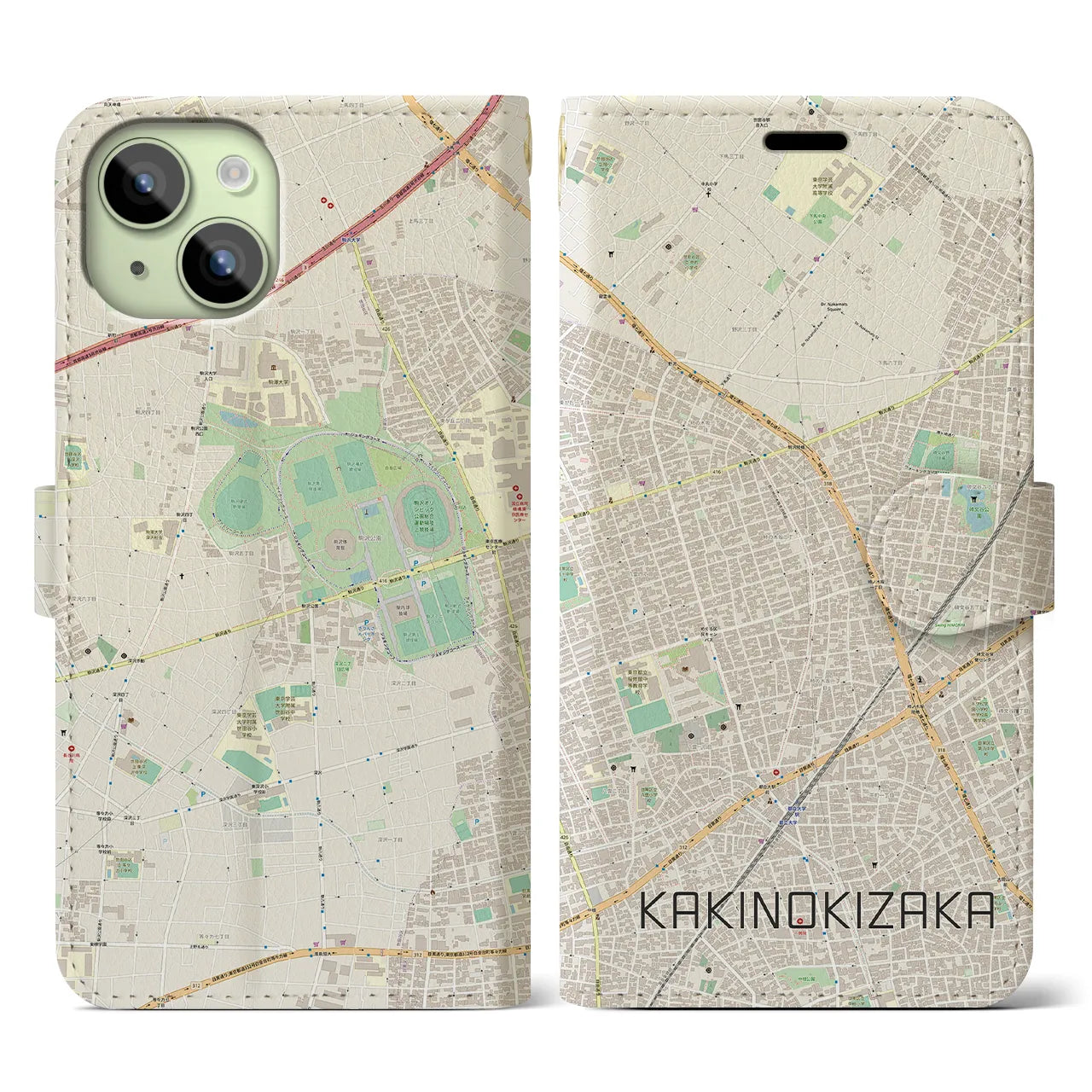 【柿の木坂（東京都）】地図柄iPhoneケース（手帳タイプ）ナチュラル・iPhone 15 用