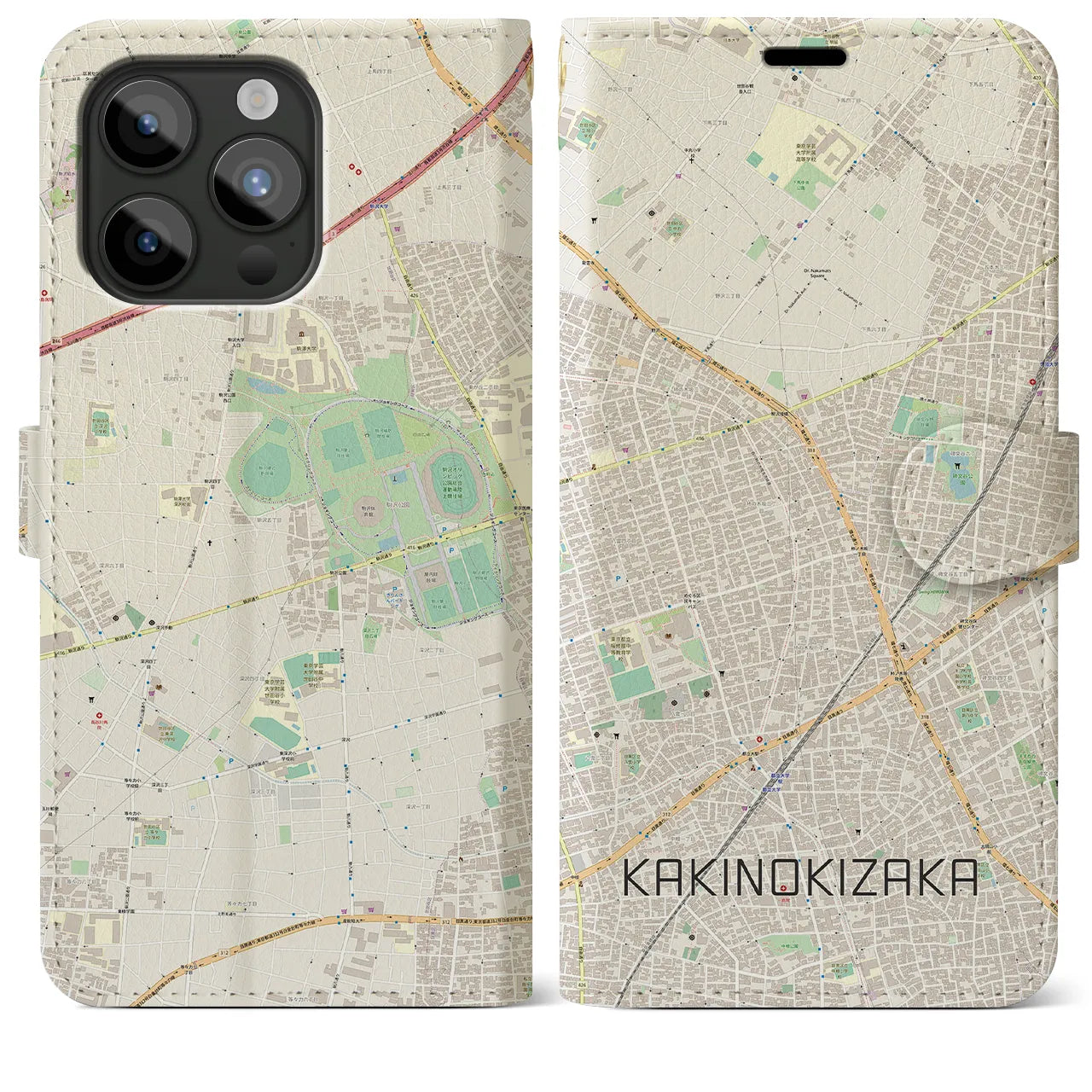 【柿の木坂（東京都）】地図柄iPhoneケース（手帳タイプ）ナチュラル・iPhone 15 Pro Max 用