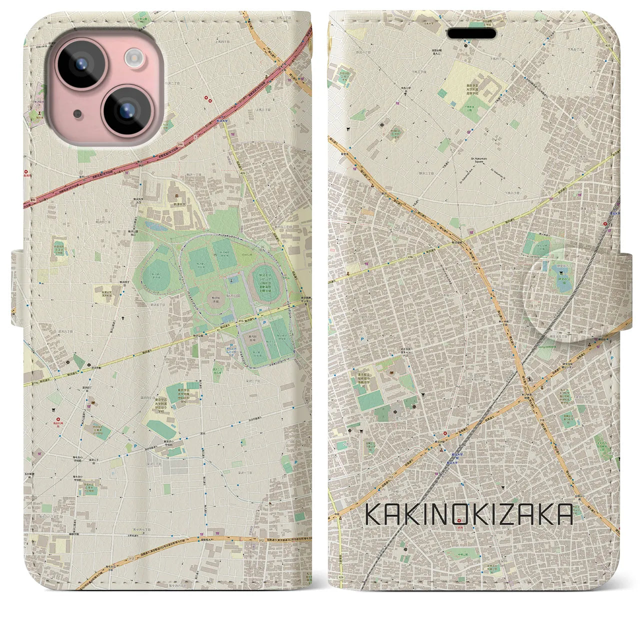 【柿の木坂（東京都）】地図柄iPhoneケース（手帳タイプ）ナチュラル・iPhone 15 Plus 用