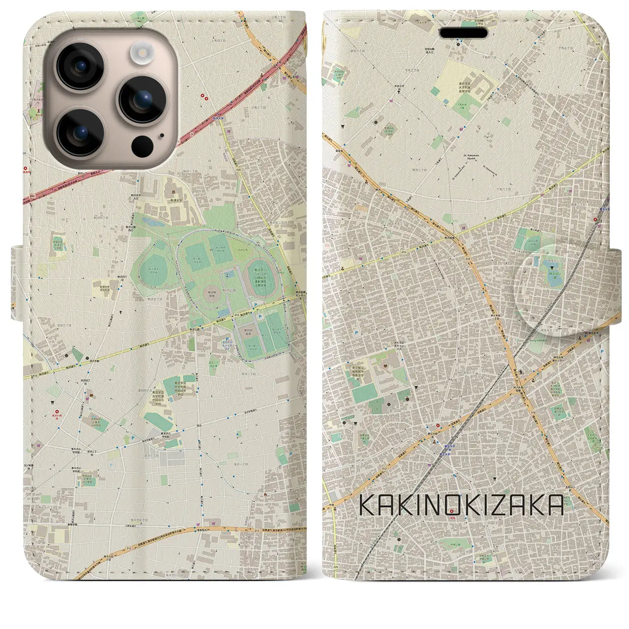 【柿の木坂（東京都）】地図柄iPhoneケース（手帳タイプ）ナチュラル・iPhone 16 Plus 用