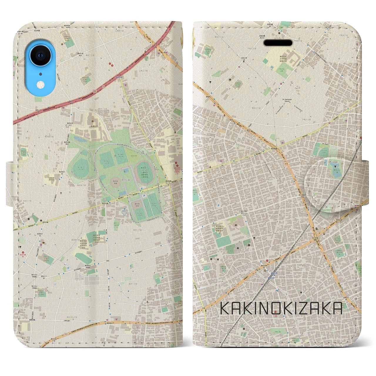 【柿の木坂（東京都）】地図柄iPhoneケース（手帳タイプ）ナチュラル・iPhone XR 用