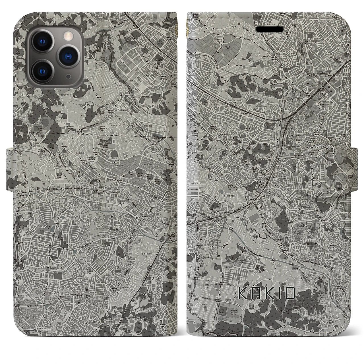 【柿生】地図柄iPhoneケース（手帳両面タイプ・モノトーン）iPhone 11 Pro Max 用