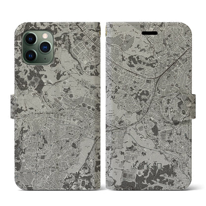 【柿生（神奈川県）】地図柄iPhoneケース（手帳タイプ）モノトーン・iPhone 11 Pro 用