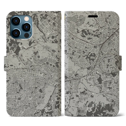 【柿生（神奈川県）】地図柄iPhoneケース（手帳タイプ）モノトーン・iPhone 12 / 12 Pro 用