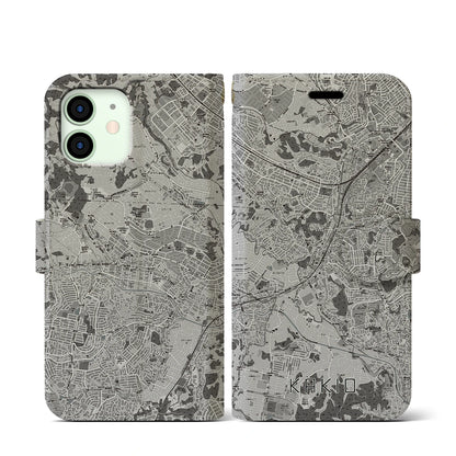 【柿生（神奈川県）】地図柄iPhoneケース（手帳タイプ）モノトーン・iPhone 12 mini 用