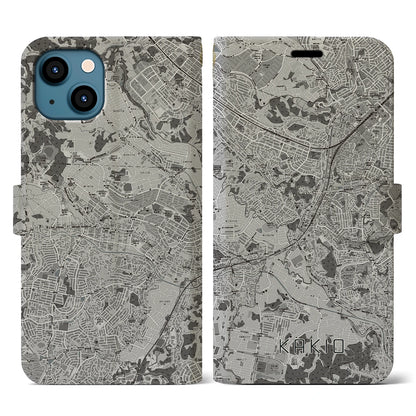 【柿生（神奈川県）】地図柄iPhoneケース（手帳タイプ）モノトーン・iPhone 13 用