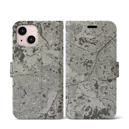 【柿生（神奈川県）】地図柄iPhoneケース（手帳タイプ）モノトーン・iPhone 13 mini 用