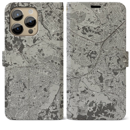 【柿生（神奈川県）】地図柄iPhoneケース（手帳タイプ）モノトーン・iPhone 14 Pro Max 用