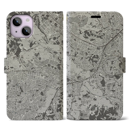 【柿生（神奈川県）】地図柄iPhoneケース（手帳タイプ）モノトーン・iPhone 14 用