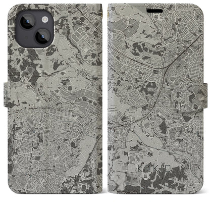 【柿生（神奈川県）】地図柄iPhoneケース（手帳タイプ）モノトーン・iPhone 14 Plus 用