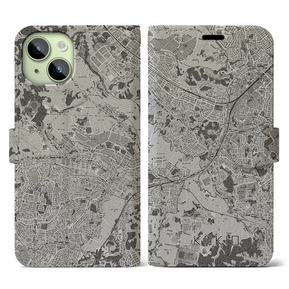 【柿生（神奈川県）】地図柄iPhoneケース（手帳タイプ）モノトーン・iPhone 15 用