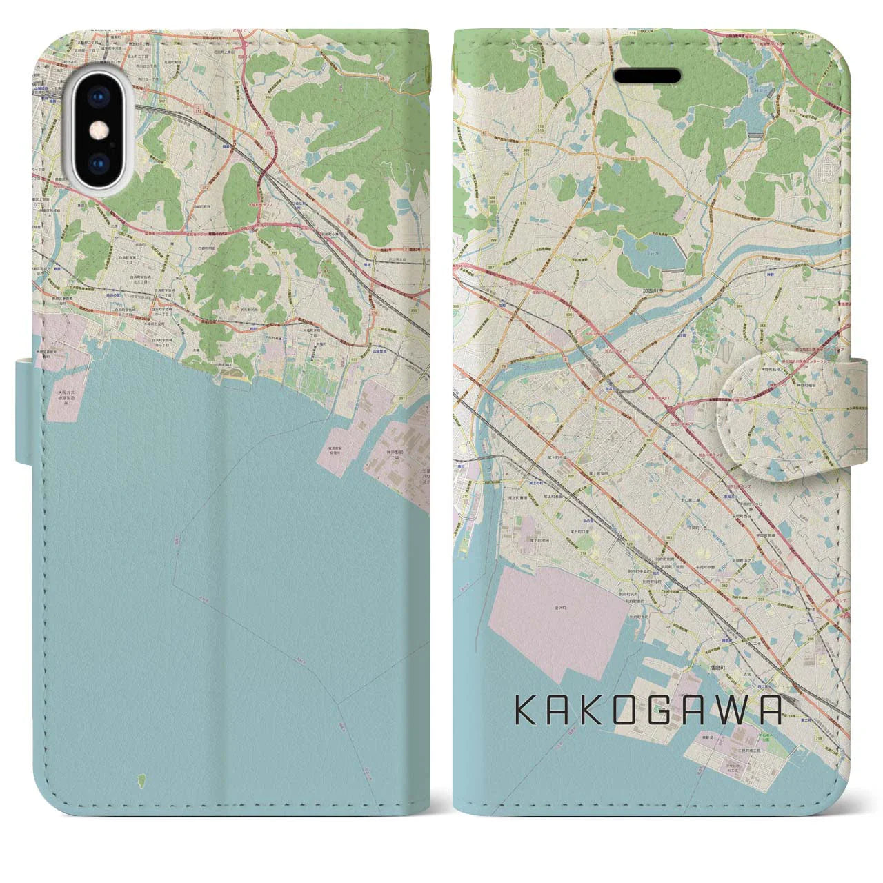 【加古川（兵庫県）】地図柄iPhoneケース（手帳タイプ）ナチュラル・iPhone XS Max 用