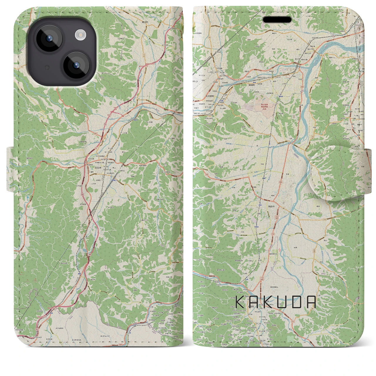 【角田（宮城県）】地図柄iPhoneケース（手帳タイプ）ナチュラル・iPhone 14 Plus 用