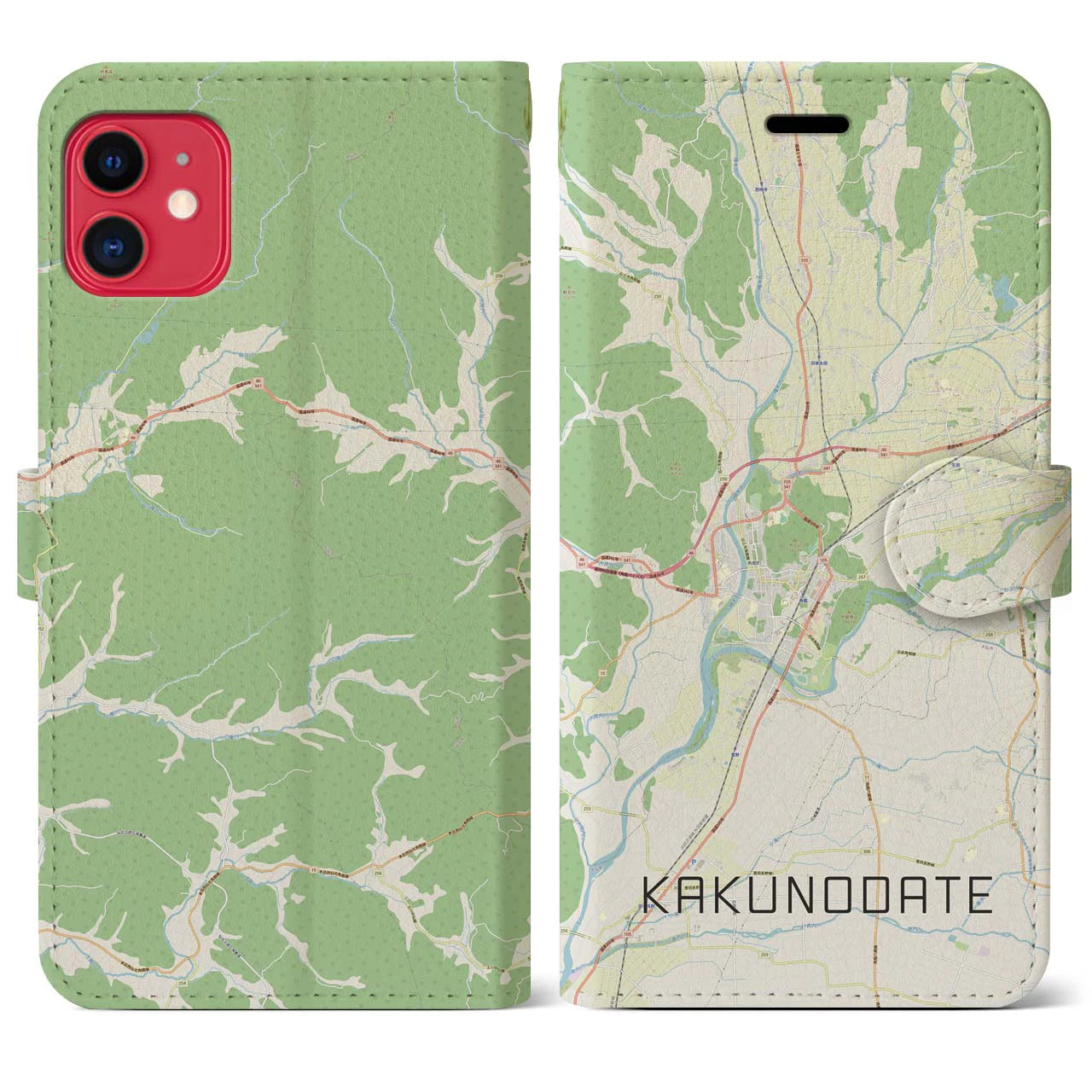 【角館（秋田県）】地図柄iPhoneケース（手帳タイプ）ナチュラル・iPhone 11 用