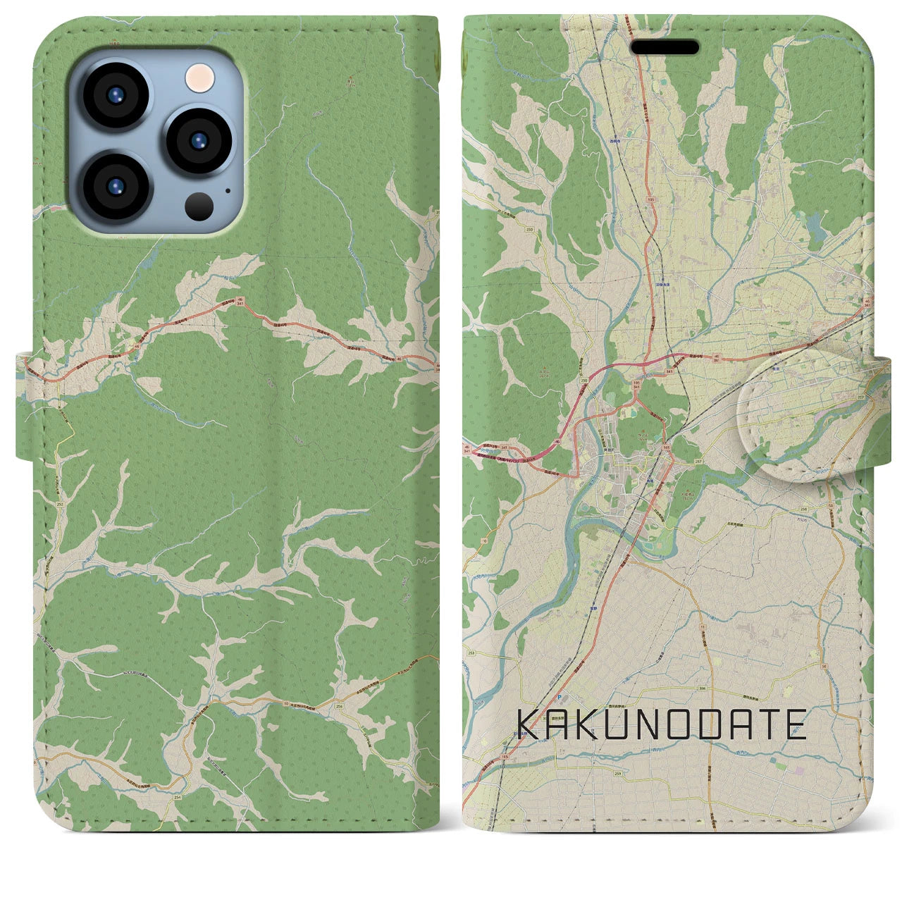 【角館（秋田県）】地図柄iPhoneケース（手帳タイプ）ナチュラル・iPhone 13 Pro Max 用