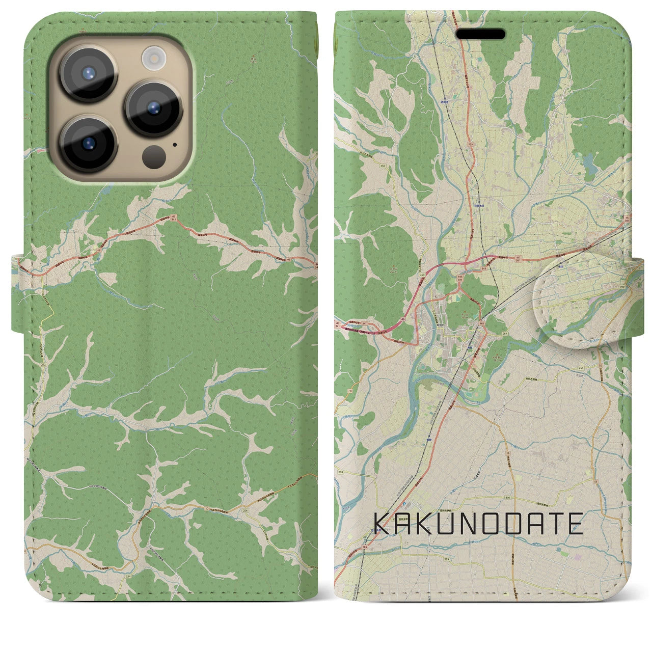 【角館】地図柄iPhoneケース（手帳両面タイプ・ナチュラル）iPhone 14 Pro Max 用