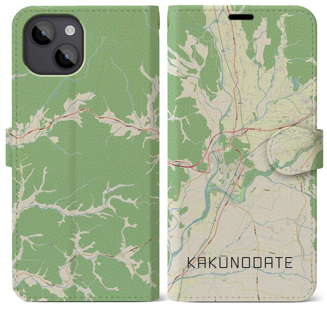 【角館（秋田県）】地図柄iPhoneケース（手帳タイプ）ナチュラル・iPhone 14 Plus 用