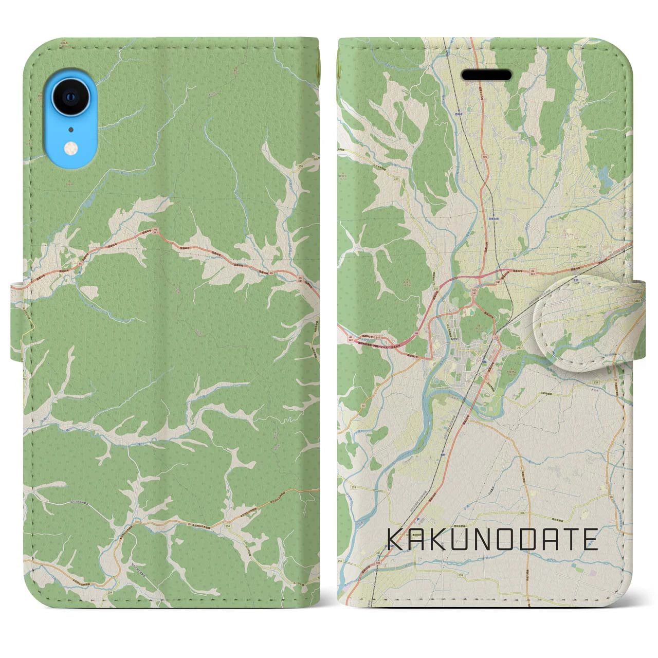 【角館】地図柄iPhoneケース（手帳両面タイプ・ナチュラル）iPhone XR 用
