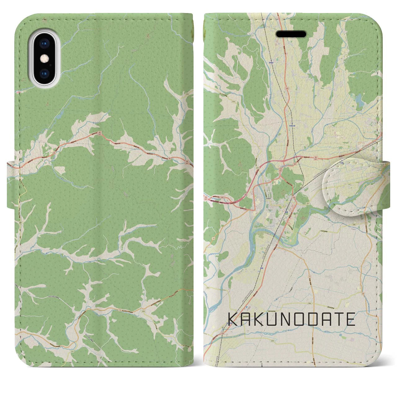 【角館（秋田県）】地図柄iPhoneケース（手帳タイプ）ナチュラル・iPhone XS Max 用